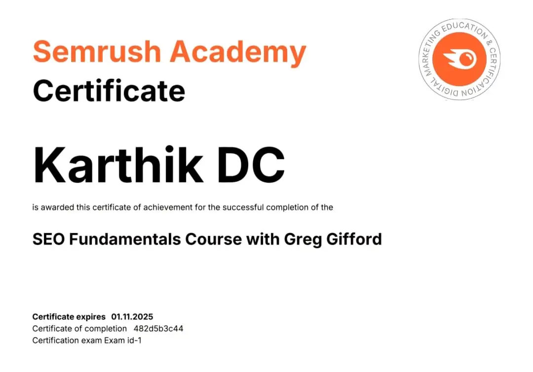 Semrush Completion Certificate of Karthik DC