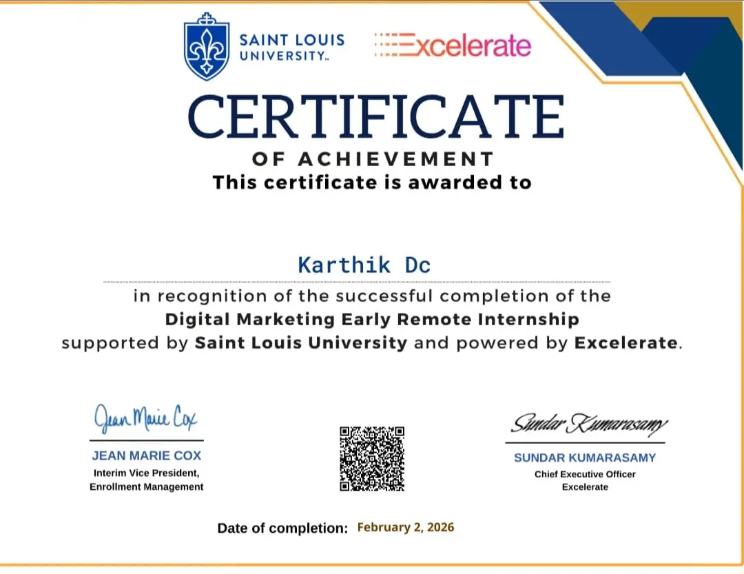 Internship certificate From Excelerate for Social Media Marketing by Karthik DC
