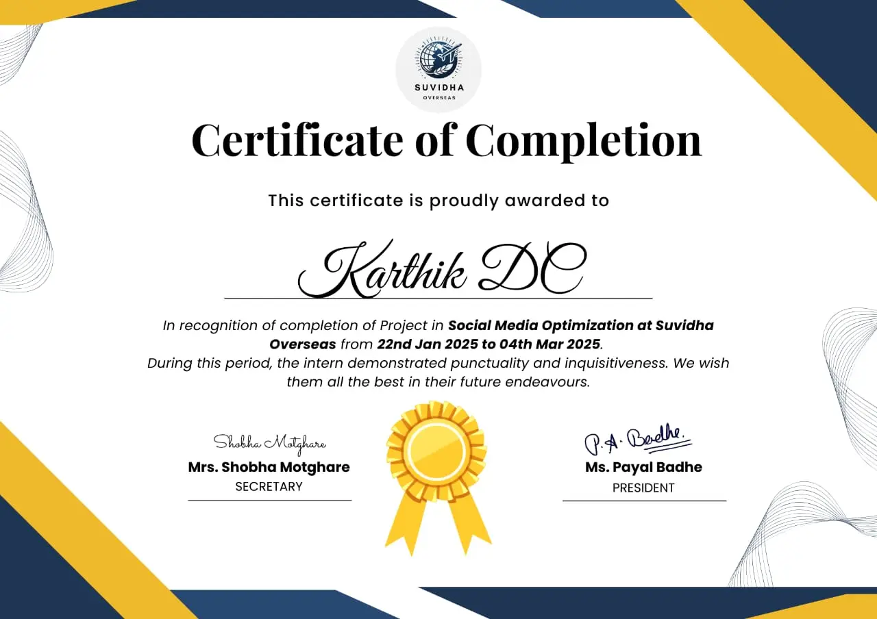 Certificate of Completion of Internship by Karthik by suvidha overseas